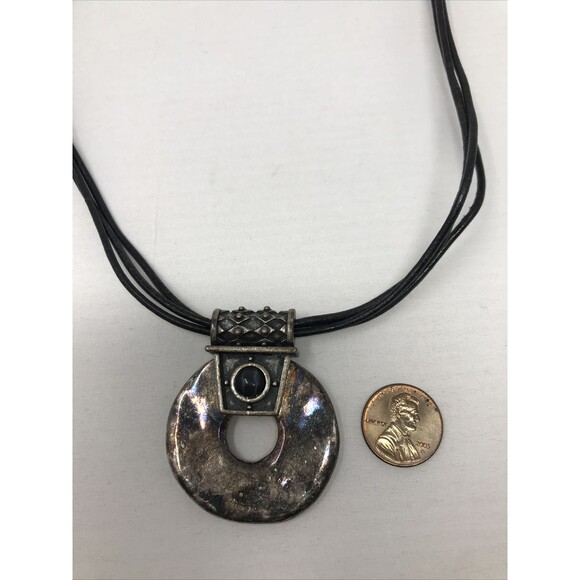 CHICO'S Necklace Open Circle Pendant Dark Patina Silver Tone Black Cord BOHO - Picture 3 of 7